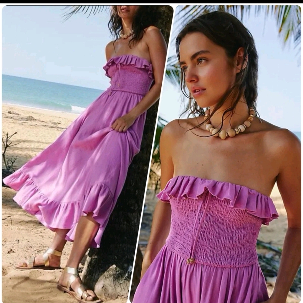 Free People Dress Midi Lush Life Linen Strapless Smocked Opera Mauve Size Medium